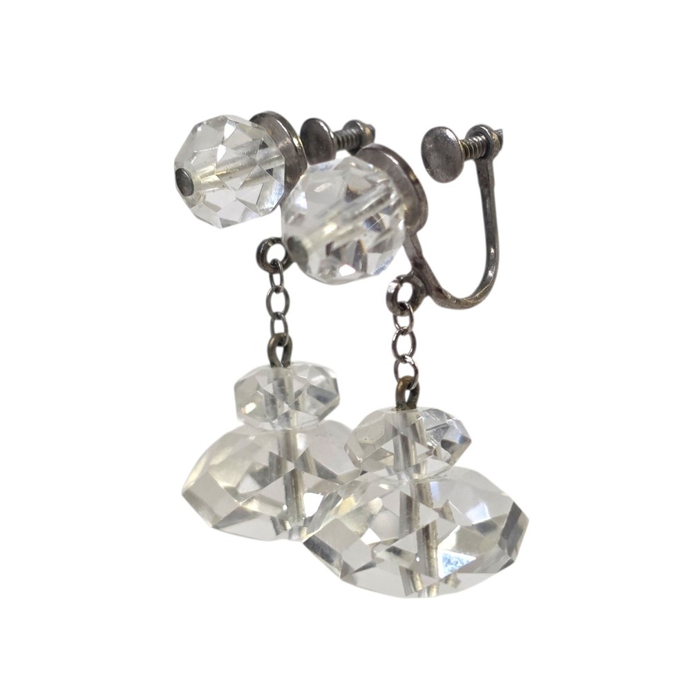 Vintage Art Deco Rock Quartz Crystal Sterling Silver Dangle Screw Back Earrings‎